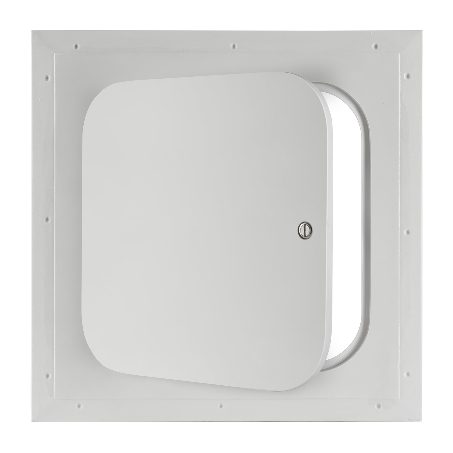 Hinged access panel with slotted or keyed cam latch in a modern construction setting.